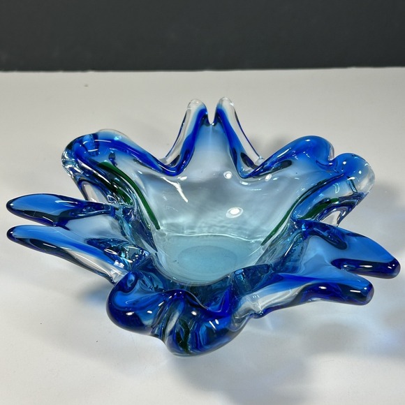 Hand-Blown  Style Art Glass Bowl - Blue & Green Wave Design - Picture 2 of 9